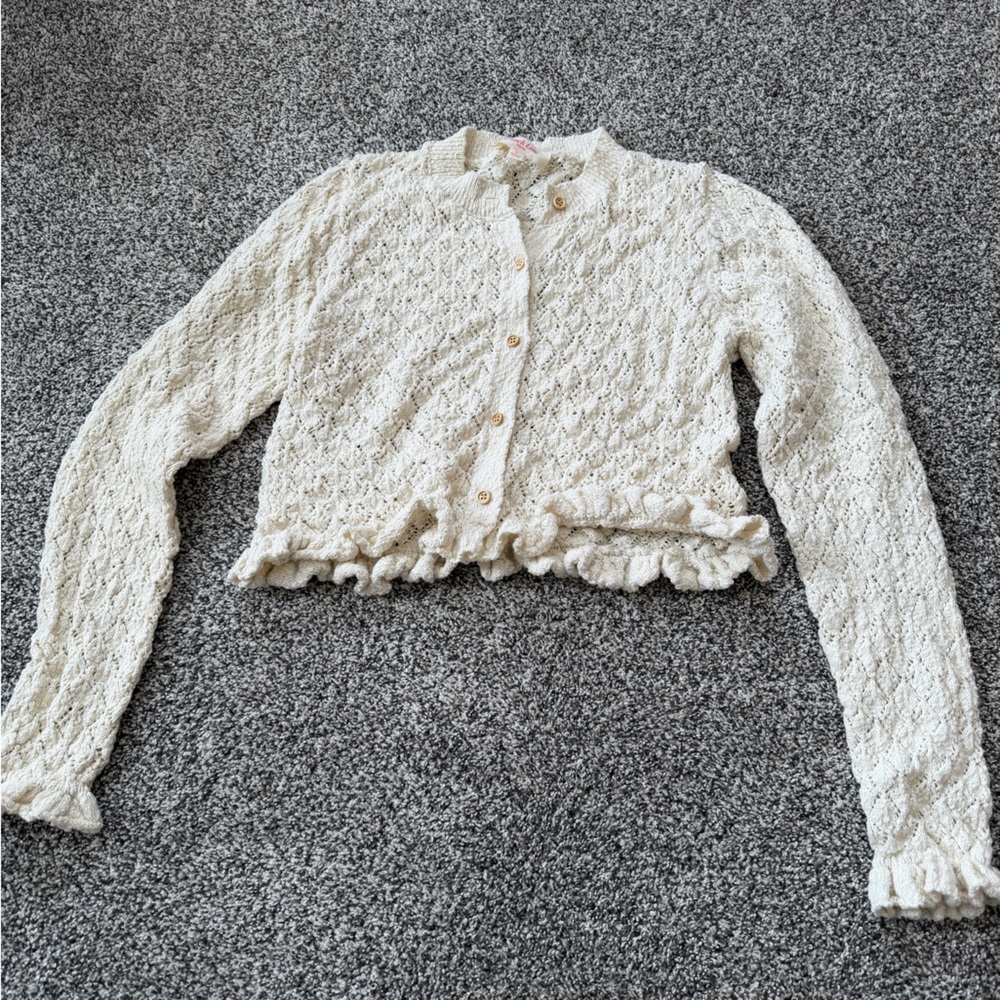 Peach Love California Cream Knit Button Cardigan with Ruffle Trim